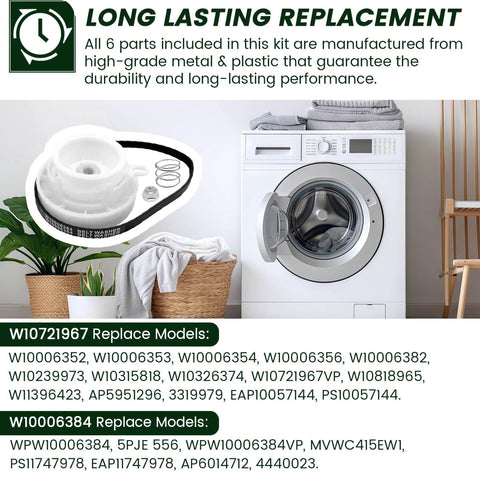 VERCCA washer pulley clutch kit and drive belt; includes six parts; compatible with Whirlpool/Kenmore/Maytag washers.