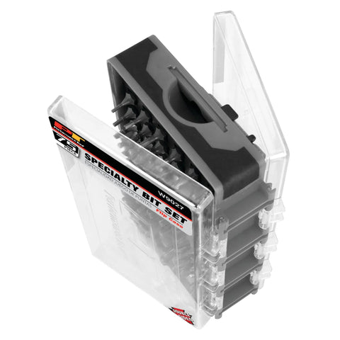Badass SeventyFivePiece Specialty Bit Driver Set Packed With HeavyDuty Fastener Bits for no-sweat upgrades in a clear storage case.