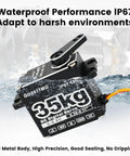 GOTECK 35KG Digital Servo At 8.4V With Full Metal Gear IP67 Waterproof 180 Degree Steering shown in water with text overlay