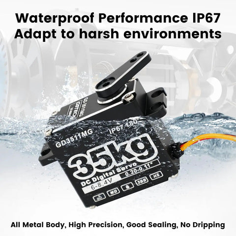 GOTECK 35KG Digital Servo At 8.4V With Full Metal Gear IP67 Waterproof 180 Degree Steering shown in water with text overlay