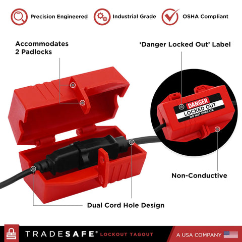 Industrial Grade Heavy Duty Plug Lockout Device for Lockout Tagout, 110 To 125 Volt Power Cord Lockout, open view, red