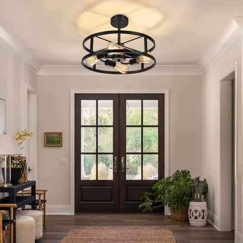 Black Industrial Farmhouse Semi Flush Mount Ceiling Light With Adjustable Height And Three Rod System in entryway