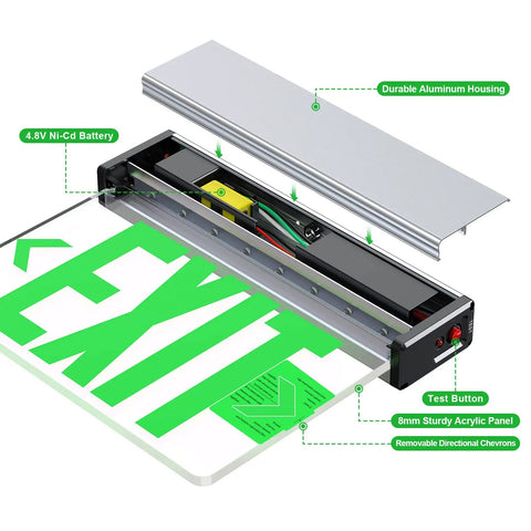 Green LED Edge Lit Exit Sign With Brushed Aluminum Housing UL Listed Emergency Exit Light Single Sided Clear Acrylic Battery Backup