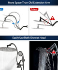 Comparison of All Metal 12 Inch Rainfall Shower Head With Handheld extension arm versus others, demonstrating water flow and adjustability.