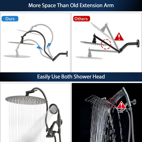 Comparison of All Metal 12 Inch Rainfall Shower Head With Handheld extension arm versus others, demonstrating water flow and adjustability.