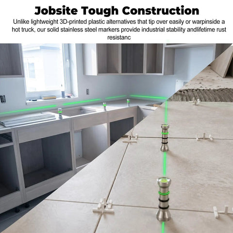 Heavy Duty Stainless Steel Magnetic Laser Level Marker Pins and Alignment Setup Blocks used in a kitchen layout with green laser.