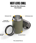 Image of Heavy Duty 12 Oz Can Cooler With Tight Seal Lid Double Wall Vacuum Insulated Stainless Steel Chiller Keeps Beer And Soda Bangin Cold Zero Sweat Build Olive, showing features.