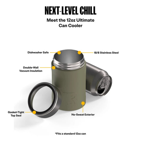 Image of Heavy Duty 12 Oz Can Cooler With Tight Seal Lid Double Wall Vacuum Insulated Stainless Steel Chiller Keeps Beer And Soda Bangin Cold Zero Sweat Build Olive, showing features.