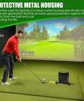 Golfer next to screen, Rugged Metal Protective Case With Handle For Golf Launch Monitor First Gen Model Guards Against Impacts.