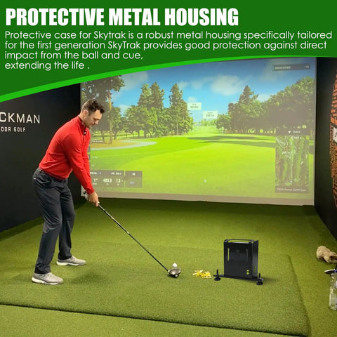Golfer next to screen, Rugged Metal Protective Case With Handle For Golf Launch Monitor First Gen Model Guards Against Impacts.