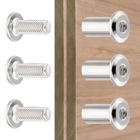 Silver hex drive set screw kit with M6x15mm socket cap bolts and nuts for TV mounts, shown installed in wood panel.