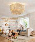 XINGSIYUELYX Ceiling Fan with Light in a modern living room, featuring a gold fixture and ultra-quiet motor, with family nearby.