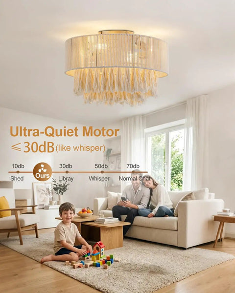 XINGSIYUELYX Ceiling Fan with Light in a modern living room, featuring a gold fixture and ultra-quiet motor, with family nearby.