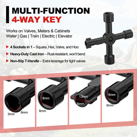 Multi-function 4-way utility key from Grab And Go Four Piece Plumbing Wrench Kit for quick fixes with multiple socket sizes.