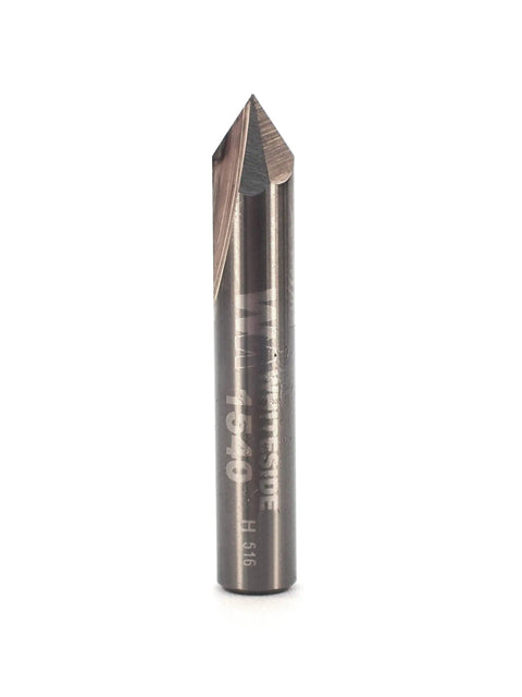 Pro Grade Solid Carbide V Groove Router Bit With Sixty Degree Included Angle One Quarter Inch Shank Kicks Butt On Woodworking Sign Carving And Furniture Detailing Tasks, close-up view