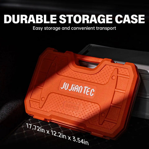 Orange storage case for 55 Piece Three Eighths Inch Drive Master Impact Socket Set With Shallow And Deep Sockets SAE And Metric.