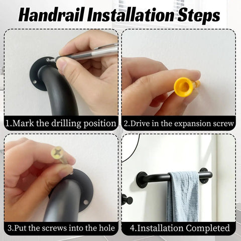 Heavy Duty Pipe Stair Handrail Wall Mounted Safety Grab Bar Twelve Inch Long Industrial Iron Tubes installation steps showing marking and screwing.