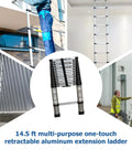 14.5 ft telescoping aluminum ladder with one-button retraction, shown in various positions for indoor and outdoor use