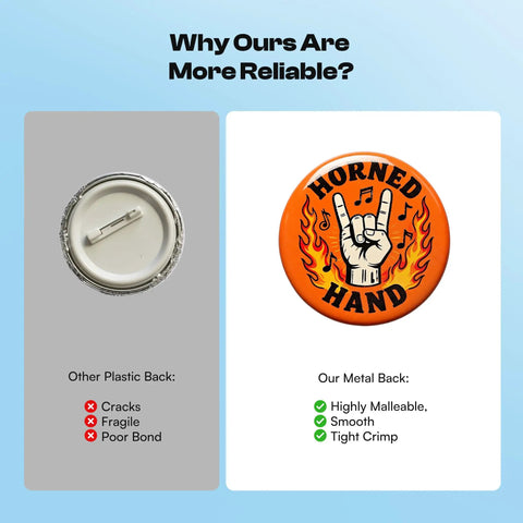 Comparison of button backs highlighting the reliable metal back in the 200 PCS 32mm Button Maker Supplies Kit With Metal Blanks, Pin Backs.