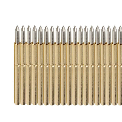 100 Pcs Spring Test Probe Pin Set P75-B1 Brass Tips For PCB Testing, conical 1.4mm head, lined up with silver tips visible