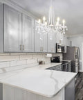 Lit White Crystal Chandelier With Six Lights For Bedroom And Dining Room Modern Elegant Candle Ceiling Light Fixture, kitchen view.