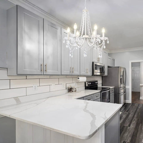 Lit White Crystal Chandelier With Six Lights For Bedroom And Dining Room Modern Elegant Candle Ceiling Light Fixture, kitchen view.