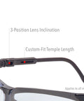 Genesis Safety Glasses with Uvextreme Anti Fog Coating in Vapor Blue Frame detailing adjustable temple length and lens inclination