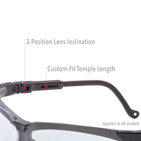 Genesis Safety Glasses with Uvextreme Anti Fog Coating in Vapor Blue Frame detailing adjustable temple length and lens inclination