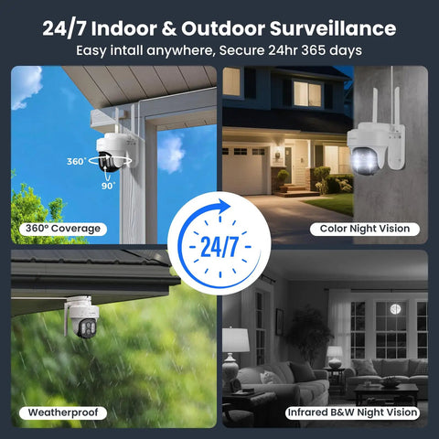 10X Zoom Dual Lens PTZ Security Camera With AI Auto Tracking And 2K HD Wireless Indoor Outdoor Surveillance System shown in various setups.