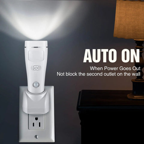 4 In 1 LED Emergency Light For Home Power Outages Plug In Night Light With Motion Sensor Rechargeable Battery Auto On During Outages Ideal For Hurricanes And Blackouts White, shown plugged into outlet beside lamp, light on.
