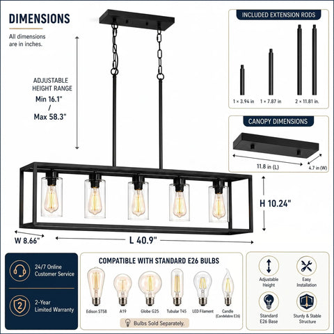 Dimensions and features of Dope 3 Light Dining Room Fixture With Modern Farmhouse Vibe Linear Rectangular Kitchen Island Lighting.