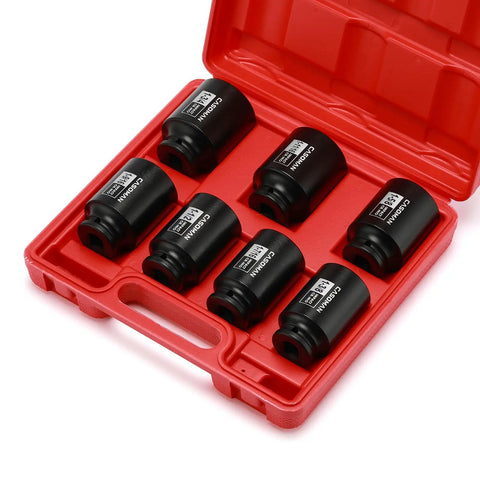 Seven-piece One Half Inch Drive Deep Spindle Axle Nut Impact Socket Set CrMo Six Point in red case, extra deep for long fasteners.
