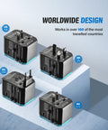 All In One Global Travel Adapter For Europe UK Australia And US With 1 AC Outlet 1 USB-C Port And 4 USB-A Ports in four variations