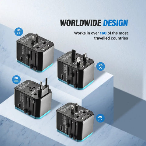 All In One Global Travel Adapter For Europe UK Australia And US With 1 AC Outlet 1 USB-C Port And 4 USB-A Ports in four variations