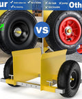 Heavy Duty Panel Dolly Cart With Adjustable Drywall Mover Design Smooth Eight Inch Rollers For Hauling Sheetrock Panels and Heavy Doors Without Breaking A Sweat showing solid rubber tire comparison.