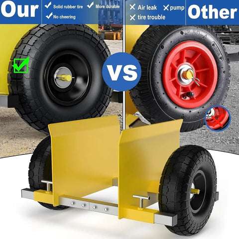 Heavy Duty Panel Dolly Cart With Adjustable Drywall Mover Design Smooth Eight Inch Rollers For Hauling Sheetrock Panels and Heavy Doors Without Breaking A Sweat showing solid rubber tire comparison.