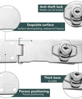 Keyed Alike 4 Inch Hasp Locks 2 Pack With Twist Knob Key Locking Hasp Stainless Steel Cabinet And Door Catch Lock For Home Office Use Easy To Install No Fuss Setup Keys Open Both Locks Durable Heavy Duty Security Silver, showing close-up features like anti-theft lock, exquisite surface, thick base, and porous positioning.