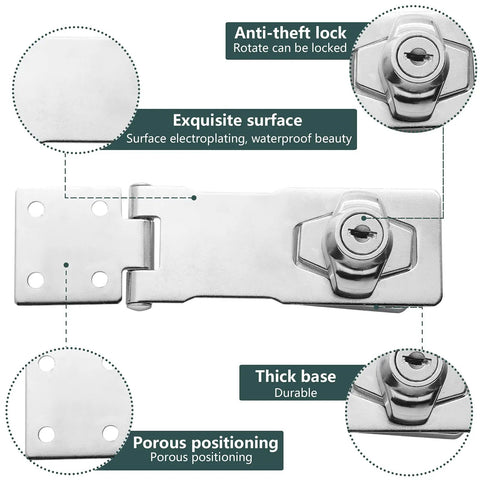 Keyed Alike 4 Inch Hasp Locks 2 Pack With Twist Knob Key Locking Hasp Stainless Steel Cabinet And Door Catch Lock For Home Office Use Easy To Install No Fuss Setup Keys Open Both Locks Durable Heavy Duty Security Silver, showing close-up features like anti-theft lock, exquisite surface, thick base, and porous positioning.