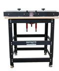 Rock Solid Birch Plywood Router Table Workhorse Featuring Precision Manual Lift Dial And Seamless Aluminum Fence paired with heavy-duty steel stand, side view.
