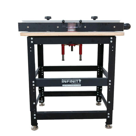 Rock Solid Birch Plywood Router Table Workhorse Featuring Precision Manual Lift Dial And Seamless Aluminum Fence paired with heavy-duty steel stand, side view.