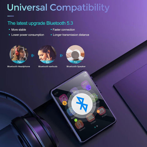 Bluetooth 5.3 MP3 Player With Dope HiFi Lossless Sound displaying Bluetooth connectivity logo on 2.4 inch touchscreen