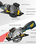Beast Mini Circular Saw With 5.8 Amp Motor and laser guide features, showing ergonomic handle, blade clamp, and dust extraction port.