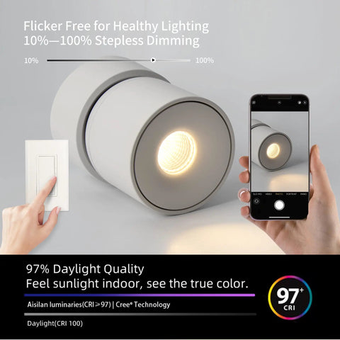 LED Ceiling Spotlight Indoor 7W Black Pivoting Slick Accent Light Fixture With 340 Degree Rotation Slick Modern Wall Art Style Hardwired Warm White CRI 97 Plus For Living Room And Bedroom displayed with smartphone and dimmer switch.