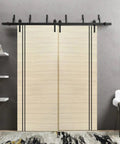 Interior Barn Bypass Sliding Door Set With Solid Wood Panels No Glass Black 36x96 Inches Dope Modern Vibe Hardware Included Rail System With Hangers And Floor Guides Two Doors displayed in a modern living room.