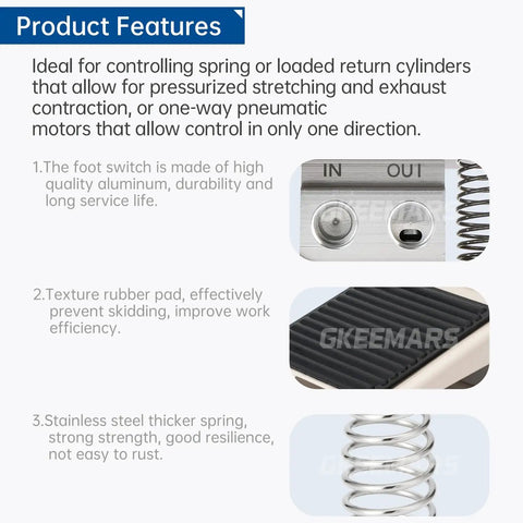 Product features of Pneumatic Foot Pedal Valve With Built In Silencer 1 Quarter Inch NPT Thread 2 Position 3 Way design