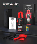 5 in 1 Digital Clamp Meter With Auto Ranging, 400A AC Current, 600V AC DC Voltage, Resistance, Continuity And Diode Testing, 2000 Count Resolution, Portable Pocket Sized Multimeter For Pros And DIY with case, leads and manual