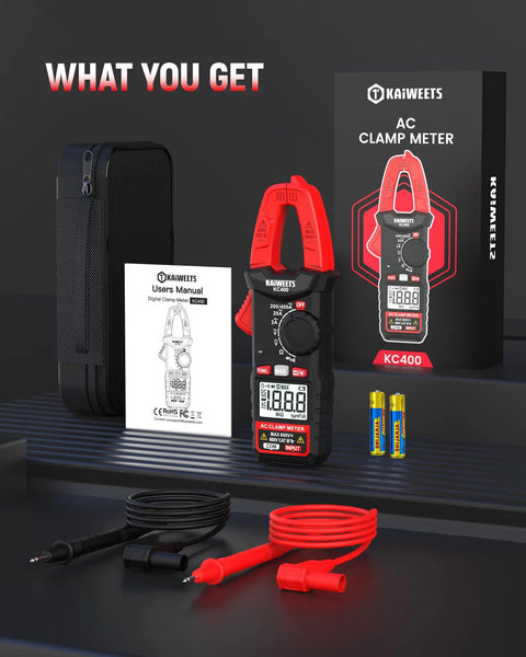 5 in 1 Digital Clamp Meter With Auto Ranging, 400A AC Current, 600V AC DC Voltage, Resistance, Continuity And Diode Testing, 2000 Count Resolution, Portable Pocket Sized Multimeter For Pros And DIY with case, leads and manual