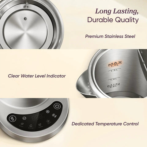 Close-up details of Fast Boiling 1.7L Electric Kettle With Plastic Free Interior And 5 Presets For Tea And Coffee, showing stainless steel interior, water level indicator, and temperature control panel.