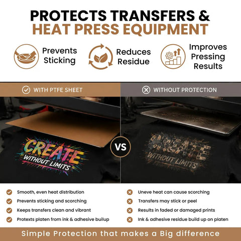 Comparison of No Fuss Nonstick PTFE Heat Press Sheet For DTF Printing And Sublimation Transfers preventing scorching and ink transfer