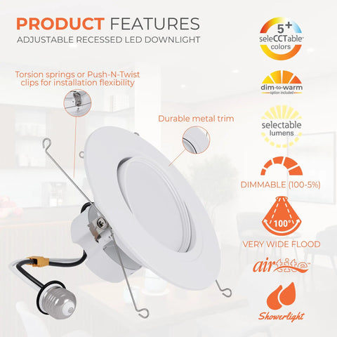 Upgrade Your Home With This Six Inch Led Recessed Lighting Retrofit Kit Featuring A Smooth Gimbal Trim With Five Cct Options And Dead Simple Plug Play Mounting That Snaps Into Standard Cavities Fast For Serious Home Brightness Upgrades Everywhere. Adjustable LED downlight with torsion springs and metal trim.
